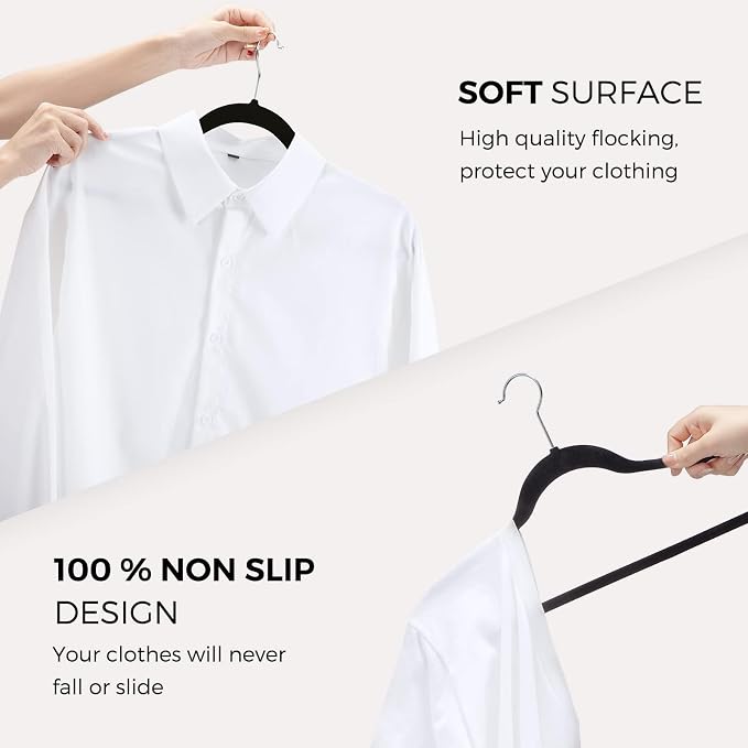 HOUSE DAY Premium Velvet Hangers 50 Pack Black, Non-Slip Flocked Felt Hangers, Sturdy Clothes Hangers with 360° Rotatable Hook, Heavy Duty Coat Hanger, Durable Slim Hanger for Closet Space Saving - Image 3