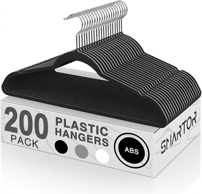 Smarter Plastic Hangers 200 Pack - Thin Hangers Non-Velvet with 360° Swivel Chrome Hook & Notches, Sweater Hanger No Shoulder Bump - Ideal for Dresses, Coats, Shirt, Jacket, Sweater - Black by Smartor