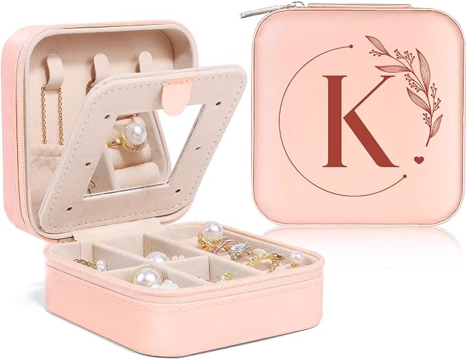 SANDJEST Personalized Jewelry Box, Pink Small Travel Jewelry Box with Initial K, Monogrammed Jewelry Case Organizer for Girls Women Teen, Mini Travel Essentials Gifts for Christmas Birthday by SANDJEST