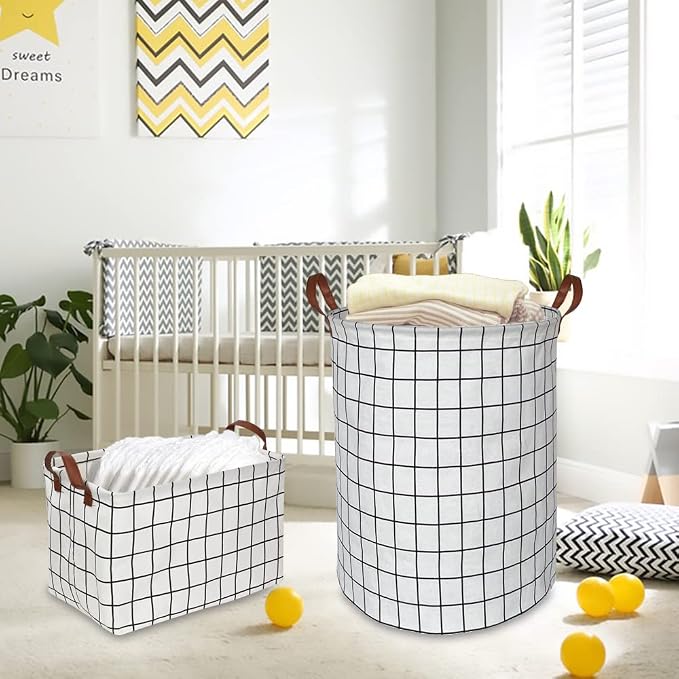 CLOCOR Rectangular Storage Basket, Collapsible Cute Pattern Storage Bin, Waterproof Coating Storage Box with Handles for Home Organization, Gift Basket (3 pack White checks) - Image 5