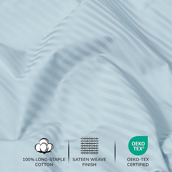 Feather & Stitch 500 TC King Size Damask Bed Sheet Set, 100% Cotton Soft Breathable Bedsheets, 4 Piece 18" Deep Pockets Sateen Weave Striped Bedding Mattress Resort Hotel Luxury- (Aqua Stripe)