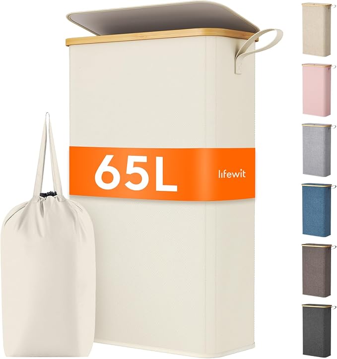 Lifewit 65L Slim Laundry Hamper with Lid, Narrow Laundry Basket with Removable Bag & Bamboo Handles, Fodable Thin Dirty Clothes Hamper for Laundry Collapsible Bin for Bathroom Bedroom Dorm, White by Lifewit