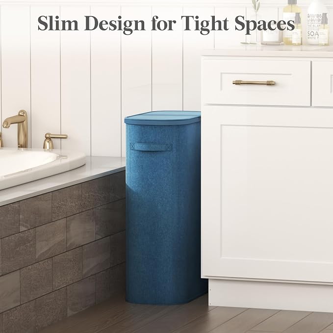 Lifewit Slim Laundry Basket with Lid, Narrow Large Laundry Hamper with Plastic Handles and Removable Bag, Tall Foldable Dirty Clothes Hampers for Laundry Room, Bedroom, Bathroom, Dorm, 65L Dark Blue - Image 2