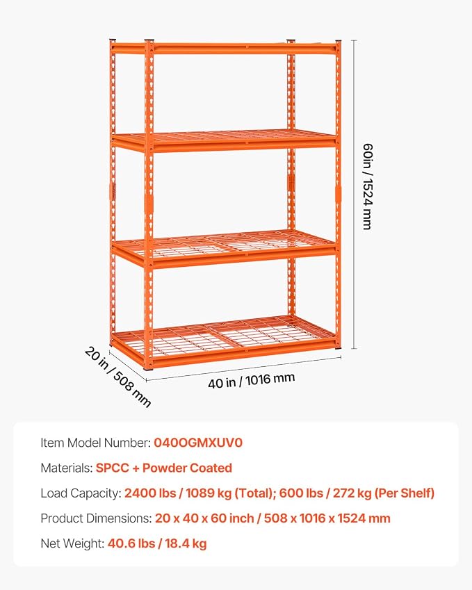 VEVOR Storage Shelves, 2400 lbs, 4 Tier Heavy Duty Garage Shelving, 20" D x 40" W x 60" H Adjustable Metal Shelves for Industrial Shelving Unit Utility Shelf, for Kitchen, Warehouse, Basement, Orange - Image 3