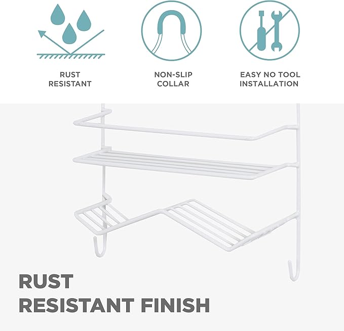 Zenna Home Rust Resistant Hanging Shower Caddy, Over the Shower Head Caddy with 1 Wide Shelf and Built In Soap Dish, Steel Bathroom Hanging Organizer, White - Image 5