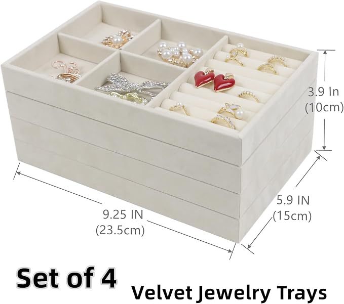 Set of 4 Stackable Jewelry Trays Organizer, Velvet Earring Organizer, Jewelry Organizer Showcase Display Drawer Organizer Storage, Earring Holder Necklace Bracelet Ring Accessary Organizers (Beige) - Image 3