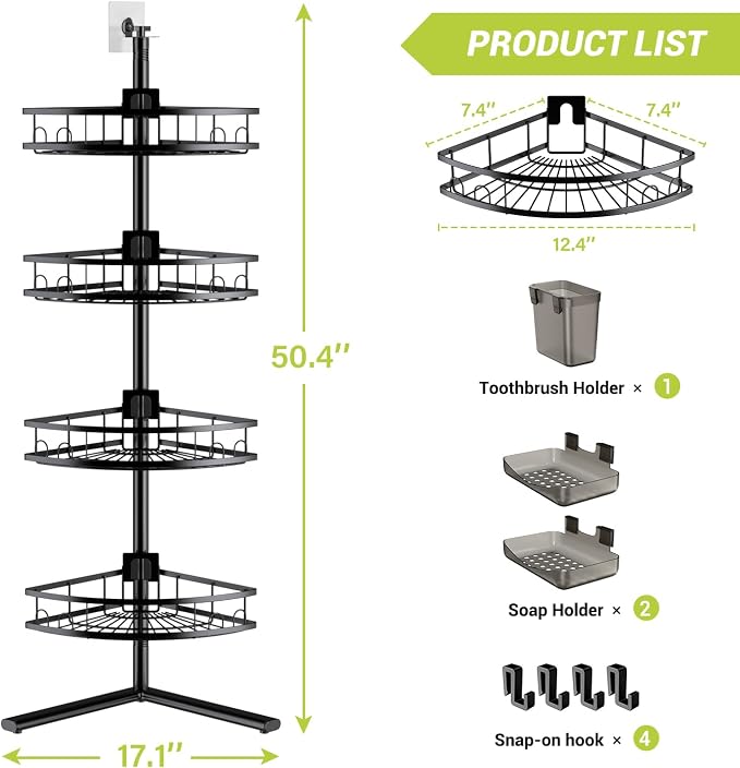 Aitatty Corner Shower Caddy Standing: 4-tier Rustproof Shower Organizer Shelf - Floor Shower Corner Shelf Rack Stand for Bathroom Black - Image 9