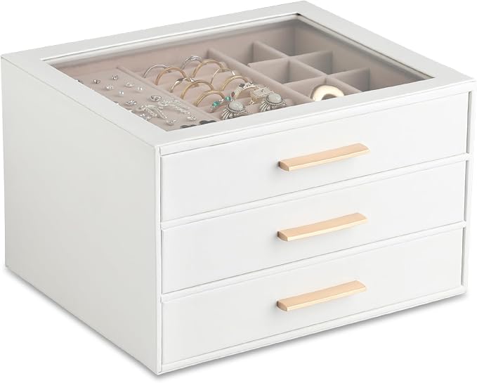 Frebeauty Clear Lid Jewelry Box,3-Layer Jewelry Organizer with Drawer,PU Leather Jewelry Organizers and Storage,Jewelry Boxes for Women,Jewelry Storage for Rings Earring Stud,Gift for Women(White) by Frebeauty