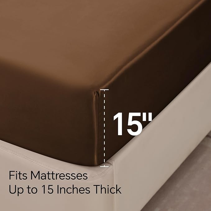 BEDELITE Satin Sheets Full Size Bed Set, Luxury Soft Brown Silky Sheets for Hair and Skin, Similar to Silk Bed Sheets Set 4 Pieces with 1 Deep Pocket Fitted Sheet, 1 Flat Sheet, and 2 Pillowcases