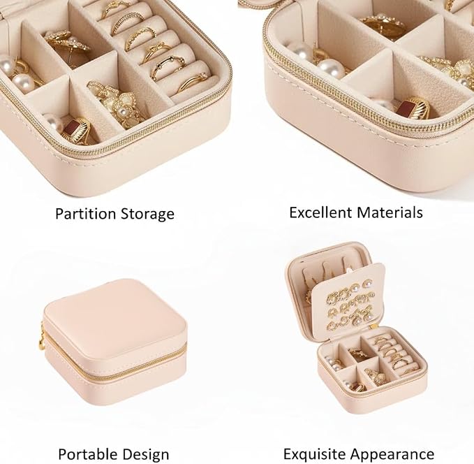 Travel Jewelry Box, PU Leather Small Jewelry Organizer for Women Girls, Portable Mini Travel Case Display Storage Holder Boxes for Stud Earrings, Rings, Necklaces (Apricot color) - Image 6