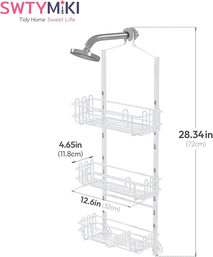 SWTYMIKI Shower Caddy Hanging Organizer - 3-Tier Rustproof Shower Organizer Over Showerhead with Adjustable Baskets, 24 Hooks, Soap & Razor Holder - No Drill Large Bathroom Storage Rack, White - Image 7