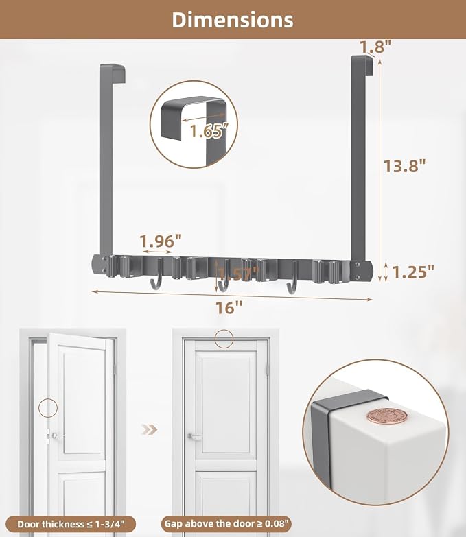 Broom Holder Over The Door-304 Stainless Steel Mop and Broom Holder Wall Mounted or Hanging Over The Door with Hooks - Broom Hanger, Tool Organizer for Garage Closet Laundry Kitchen-Space grey - Image 8