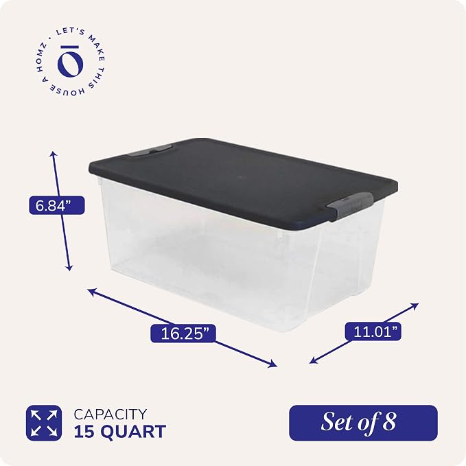 HOMZ 8-Pack Snaplock, Small Clear Plastic Storage Organizer Bins with Lids, 15 Quart, Gray - Stackable Container Boxes for Bedroom, Bathroom, Garage, and Office Organization - Image 4
