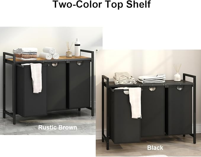 Laundry Hamper, Two -Color 3 Section Laundry Basket with 3 Removable Laundry Sorter Bags and Top Shelf, Clothes Hamper for Laundry Room, Bathroom - Image 2