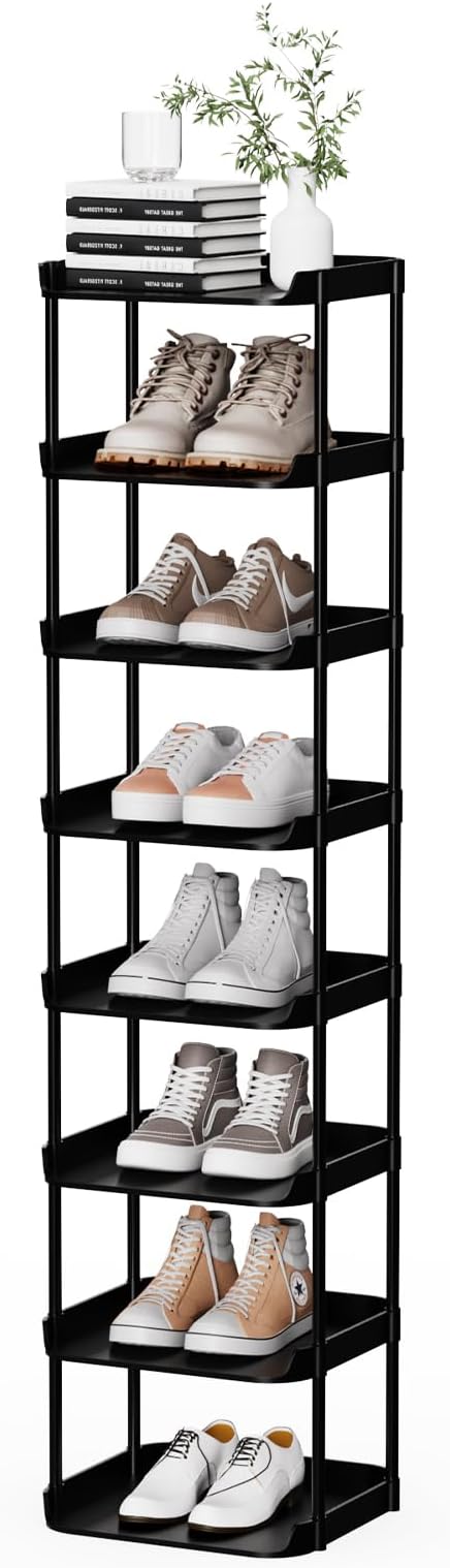 8 Tier Vertical Narrow Shoe Rack, Stackable Tall Skinny Shoerack, Compact Single Shoes Storage Tower for Slim Space, Corner Plastic Shelves, for Hallways, Entryway, Bedrooms Organizer, Black by Unknown