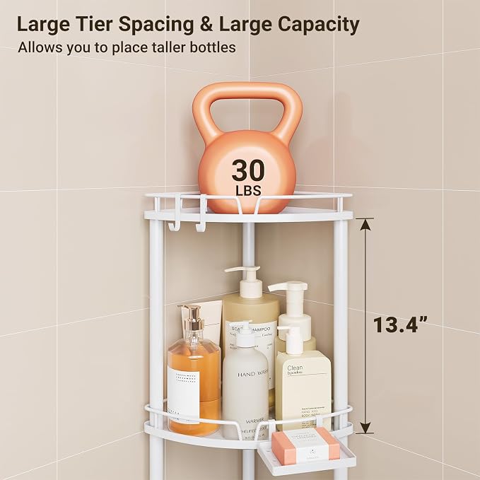 ELYKEN Corner Shower Caddy Standing, 3 Tier Rustproof Metal Shower Organizer with Soap Holder, Floor Shower Corner Shelf Rack Storage Stands with Adjustable Feet & 2 Hooks for Bathroom, White - Image 3