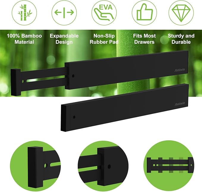 ANTOWIN Bamboo Drawer Dividers Organizers, Expandable Drawer Separators Splitter,17-22 inches Long Adjustable Spring-loaded Organizer for Large Utensil, Clothes, Tools Drawers (Black) - Image 2