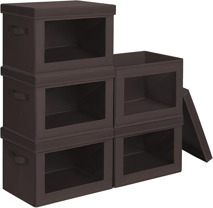 Homsorout Stackable Storage Bins with Lids - Large Decorative Basket with Lids, Fabric Foldable Closet Organizer Bins, Shelf Organizer for Living Room, Dorm, 5 Pack, Brown by Homsorout