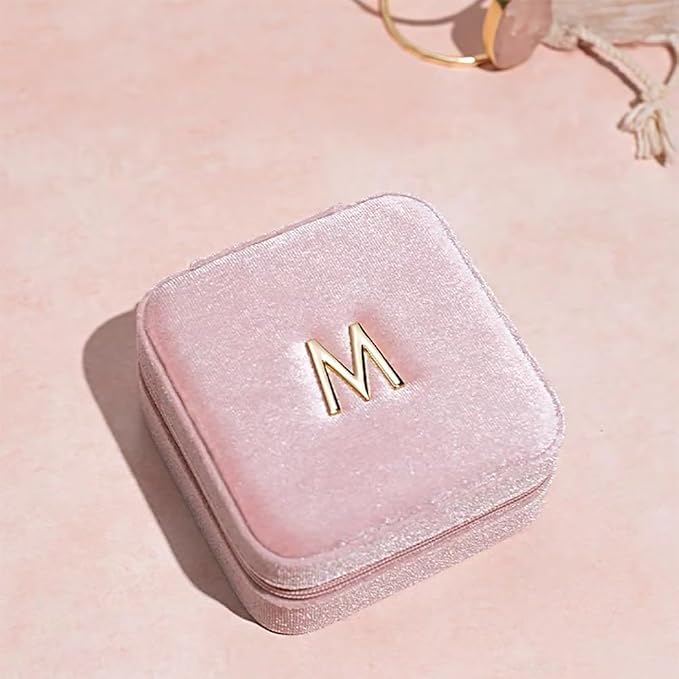 Vlando Small Travel Jewelry Box Organizer Display Case for Rings Earrings Necklaces Storage, Selected Soft Velvet, Letter M Engraved, Pink - Image 6