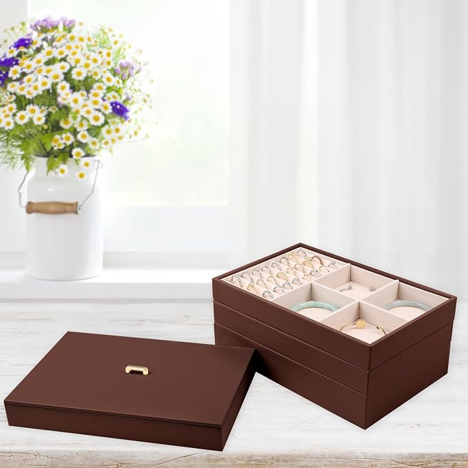 Voova Stackable Jewelry Organizer Tray with Lid, PU Leather Jewelry Storage Holder for Drawer Inserts, Jewellery Display Box Case for Earring Necklace Ring Watch Bracelet (Set of 4, Caramel Brown) - Image 4