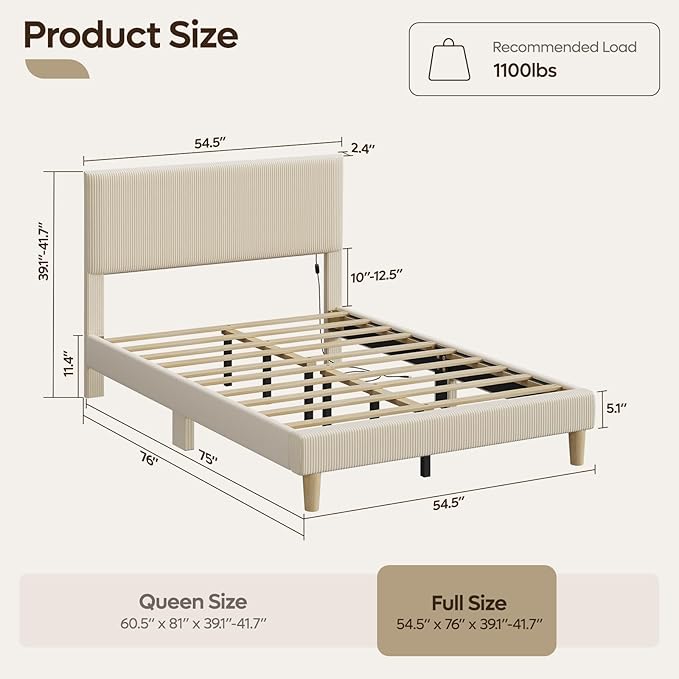 Bestier Full Bed Frame with Adjustable Headboard, LED Lighting, Vertical Channel Tufted Corduroy Upholstered, Solid Wooden Slats Support, No Box Spring Needed, Never Squeaks, Easy Assembly, Beige