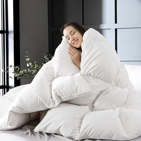 WhatsBedding Feather Down Fiber Comforter King Size, All Season White Down Feather Duvet Insert, Luxury Fluffy Ultra Soft Bedding Comforter,100% Cotton, 106"x90"