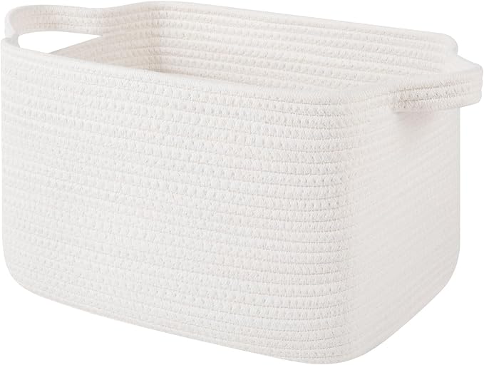 OIAHOMY Woven Storage Basket for Shelves, Rectangle Cotton Rope Baskets for Organizing, 13 x 10 x 9 in, Storage Bins for Dog Toys,Towel,Books,Gift, White by MasterofSpaceOptimization