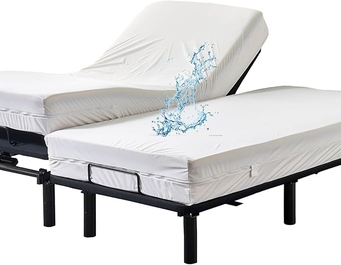 Zippered Split California King Mattress Protector for Adjustable Beds Waterproof 6-Sided Cal King Mattress Encasement Complete Cover