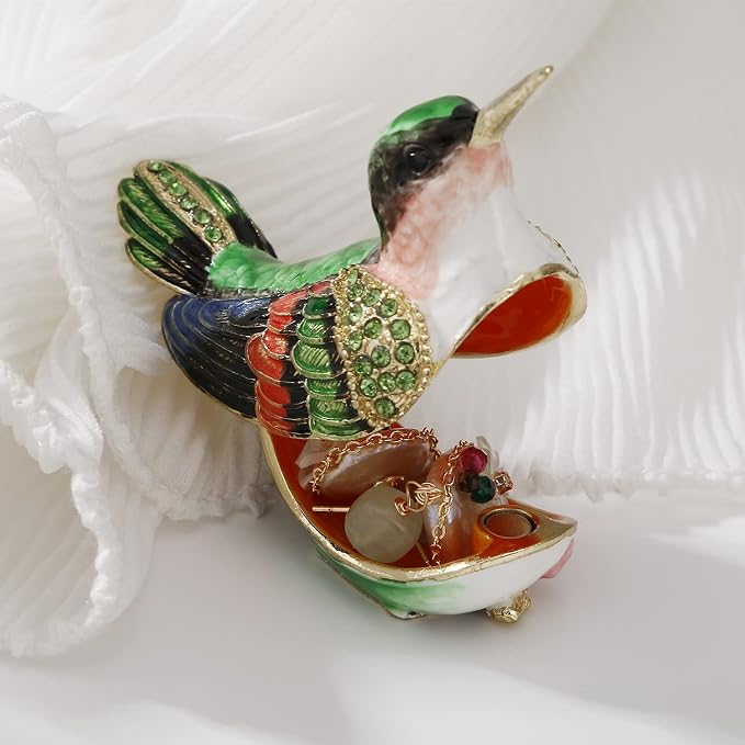 Hand Painted Enamel Hummingbird Trinket Box for Home Decor, Hinged Jewelry Organizer for Ring Earrings, Unique Figurine Keepsake Collectible Personalized Handmade Ornament Gifts (Green Hummingbird-2) - Image 3