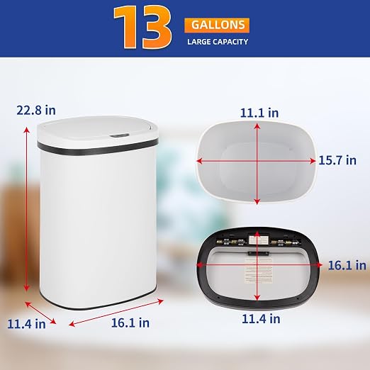 Kitchen Trash Can Office Bathroom Bedroom Waste Bin with Lid Automatic Sensor Touch Free Stainless Steel Garbage Can 13 Gallon / 50L,White - Image 7
