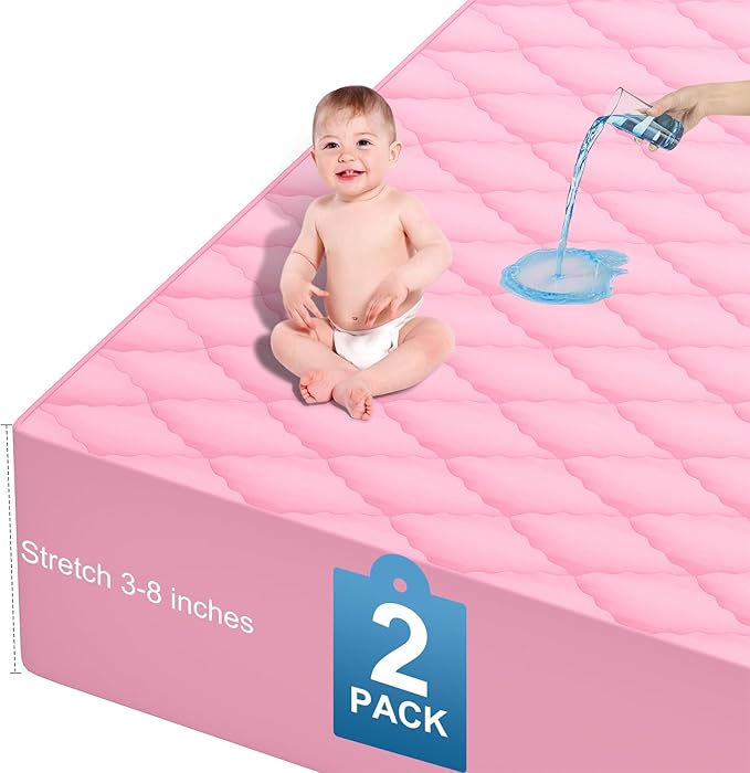 2Pack Waterproof Crib Mattress Protector,Cotton 52X28 Fitted Crib Sheets Crib Mattress Protector Sheets,Soft Toddler Bed Sheets,Washable Infant Fitted Baby Bed Sheets (Pink, 52X28inch)