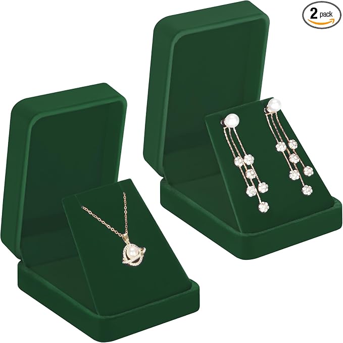 LETURE 2 Pieces Velvet Jewelry Gift Boxes for Necklace Pendant Earring Bracelet, Small Jewelry Storage Display Case for Christmas Wedding Engagement Birthday Anniversary (Green) by LETURE