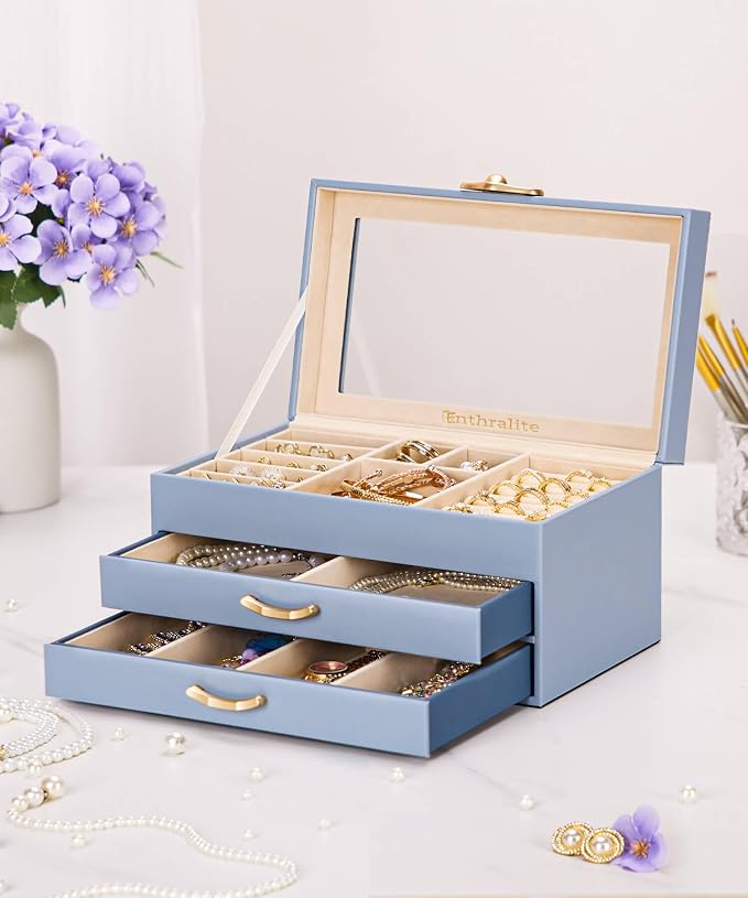 Enthralite Jewelry Box with 2 Drawers: Jewelry Display Organizer for Earrings Necklaces - Gifts for Girls Women (Grey Blue) - Image 8