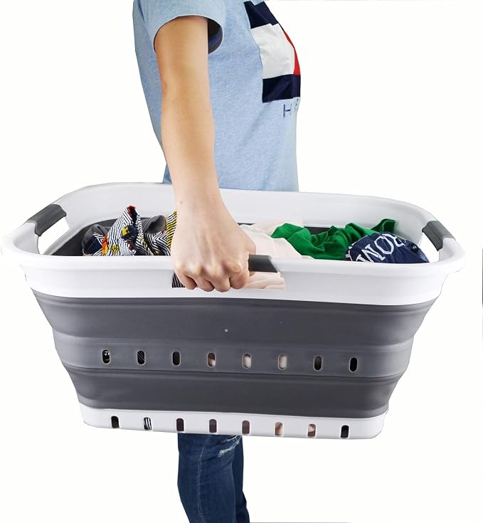 SAMMART 42L (11 gallon) Collapsible Plastic Laundry Basket - Foldable Pop Up Storage Container/Organizer - Space Saving Hamper/Basket (1, White/Dark Grey) - Image 8