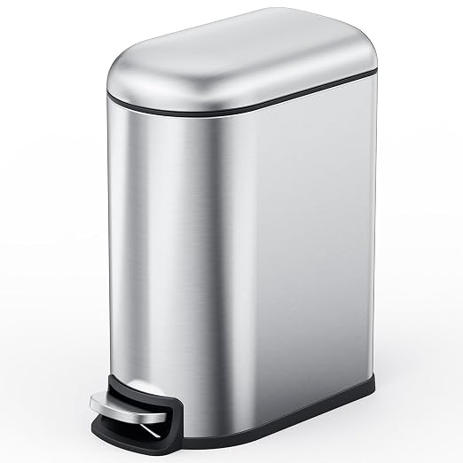 CEROELDA Small Bathroom Trash Can with Lid Soft Close, 5L/1.3 Gallon Stainless Steel Slim Garbage Can, Metal Waste Basket with Step Pedal, for Office, Bedroom, Toilet, Dorm Room (Silver, 1.3 Gallon) by WelcometoCEROELDA