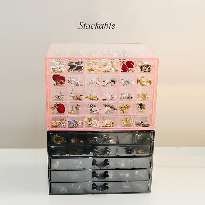 YUFONG Earring Storage Box Organizer, Acrylic Jewelry Storage Box Holder 5 Drawers Transparent Jewelry Display Stand with 120 Small Compartments Gift Boxes for Women Girls (Clear Black) - Image 7