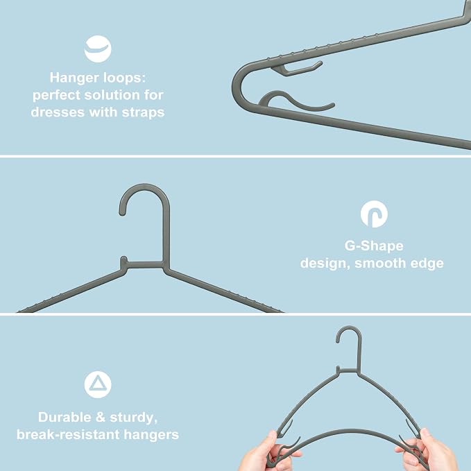 Byomostor Plastic Hangers 50 Pack, Light Weight Durable Clothes Hangers with Hooks Standard Size G-Shape&Non-Slip Coat Hangers for Everyday Use (Grey) - Image 3