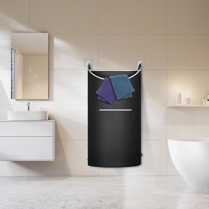 XL Hanging Laundry Hamper, 2PC-Black, Over Door/Wall Mount, Large Capacity, Modern Design, Durable, Waterproof - Image 3