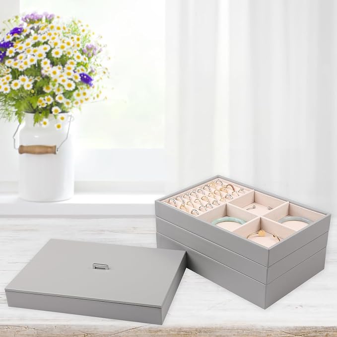 Voova Stackable Jewelry Organizer Tray with Lid, PU Leather Jewelry Storage Holder for Drawer Inserts, Jewellery Display Box Case for Earring Necklace Ring Watch Bracelet (Set of 4, Grey) - Image 4