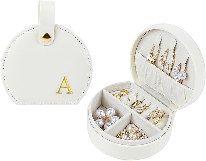 Travel Jewelry Case,Personalized Jewelry Box,Elegant Half-Moon Design with Personalized Golden Initial Case,Personalized Gifts for Women,Jewelry organizer;Personalized Gifts for Women or Friends(A) by Koyzsen