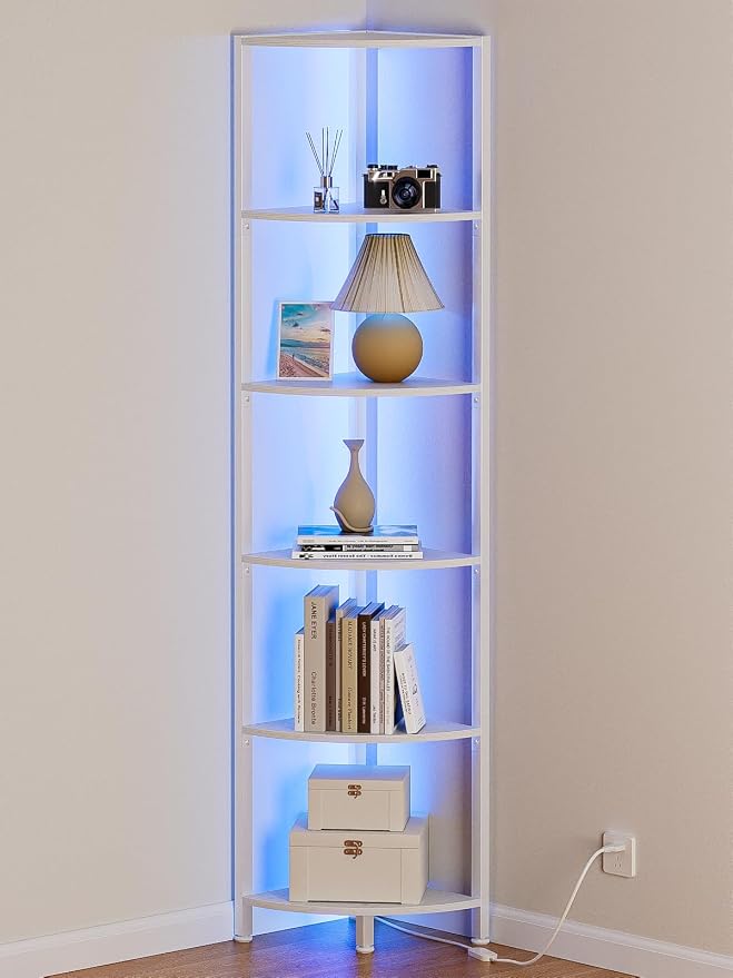 Furnulem 6 Tier Corner Shelf with LED Light, 67.5” Tall Standing Shelf Organizer, White Narrow Bookshelf with Storage Rack for Wall Corner, Living Room, Bedroom, Metal Frame, Wood Display Shelf by Furnulem