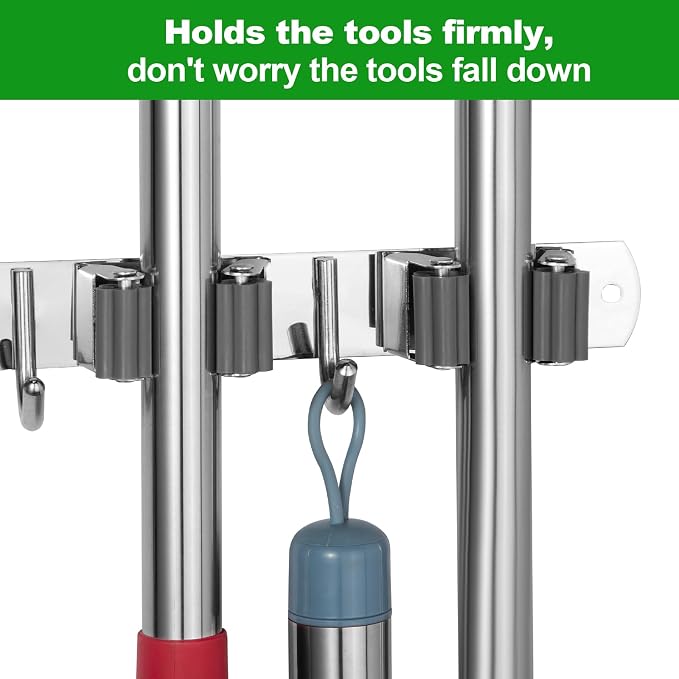 voze [2 Pack] 5 Racks and 4 Hooks Mop and Broom Holder Wall Mount, Self Adhesive Heavy Duty Broom Organizer Storage Tool Racks for Kitchen Garden Laundry Garage, 304 Stainless Steel, Silver - Image 5