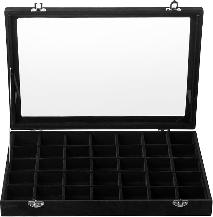Frebeauty Velvet Jewelry Tray,35 Grid Jewelry Organizer with Clear Lid,Earring Holder Organizer Case with Clasp,Drawer Insert for Rings Studs,13.8 x 9.5 x 2 Inches,Gift for Women Girls(Black) - Image 2