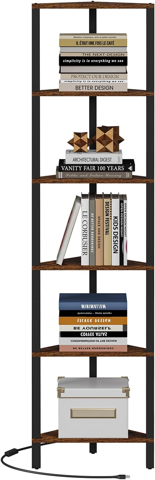 TUTOTAK Corner Shelf with LED Light, 6-Tier Corner Bookshelf for Small Space, Narrow Display Corner Shelf Stand with Storage Rack, for Living Room, Bedroom, Rustic Brown BS05BB006L - Image 7