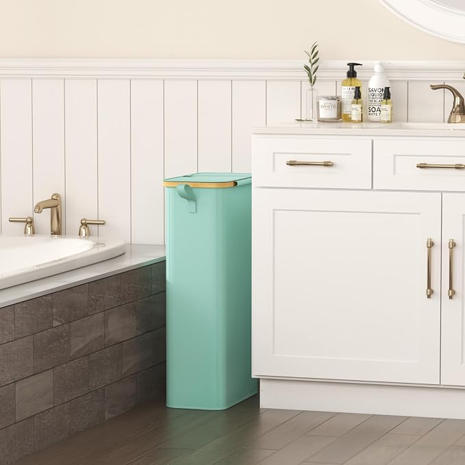 Lifewit 65L Slim Laundry Hamper with Lid, Narrow Laundry Basket with Removable Bag & Bamboo Handles, Fodable Thin Dirty Clothes Hamper for Laundry Collapsible Bin for Bathroom Bedroom Dorm, Sage Green - Image 2