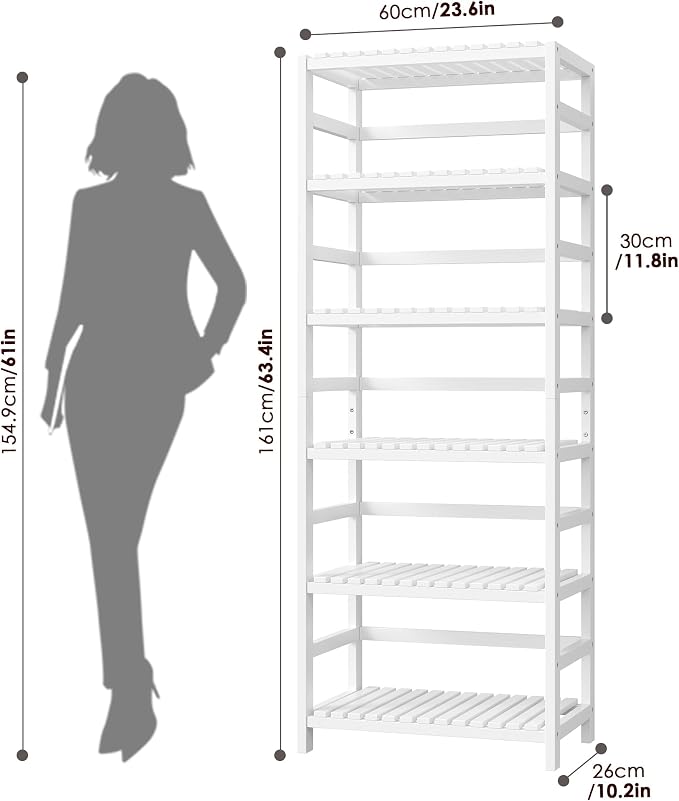 FOTOSOK 6-Tier Bamboo Shelf, Bamboo Bookcase with Adjustable Shelves, Free Standing Storage Shelf Unit, Plant Flower Stand for Bathroom, Kitchen, Home Office, White - Image 3