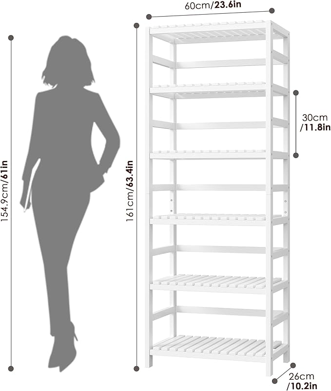 FOTOSOK 6-Tier Bamboo Shelf Set of 2, Bamboo Bookcase with Adjustable Shelves, Free Standing Storage Shelf Unit Plant Flower Stand, Tall Large White Bookshelf for Kitchen, Bathroom, Home Office, White - Image 3
