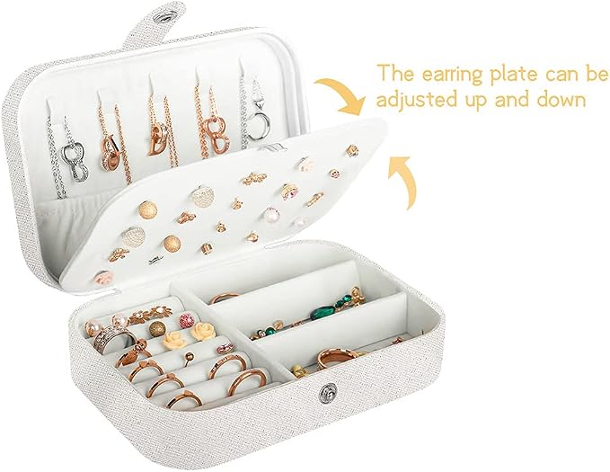Hatori Travel Jewelry Box, PU Leather Small Jewelry Organizer for Women Girls, Portable Mini Travel Case Display Storage Holder Boxes for Stud Earrings, Rings, Necklaces, Bracelets (Glitter White) - Image 4