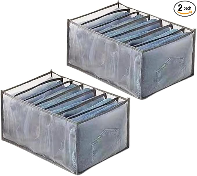 Wardrobe Clothes Organizer, 7 Grids Washable Portable Closet Organizer Mesh Separation Storage Box Foldable Closet Drawer Organizer for Underwear, Socks, Scarves, Jeans (Grey, 2 Jeans Grid) by SANTUKEY