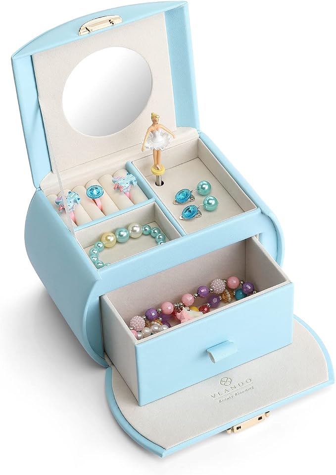 Vlando Musical Jewelry Box with Spinning Ballerina, Lockable Girls’ Jewelry Organizer for Necklaces Rings and Hair Accessories, Gift for Girls and Kids, Blue - Image 5